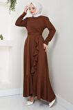 Eteği Fırfırlı Drapeli Elbise Kahverengi HM2419