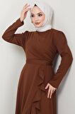 Eteği Fırfırlı Drapeli Elbise Kahverengi HM2419
