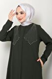 Kristal Taş İşlemeli Ferace Haki HM2423