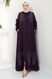 Kristal Taş İşlemeli Ferace Mürdüm HM2423