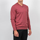 Erkek V Yaka Kazak Sık Örme Desenli Kırmızımelanj Slim Fit Kazak NCS JEANS 3002