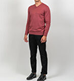Erkek V Yaka Kazak Sık Örme Desenli Kırmızımelanj Slim Fit Kazak NCS JEANS 3002
