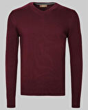 Erkek V Yaka Kazak Sık Örme Desenli Bordo Slim Fit Kazak NCS JEANS 3002