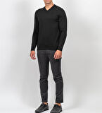 Erkek V Yaka Kazak Sık Örme Desenli Siyah Slim Fit Kazak NCS JEANS 3002