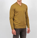 Erkek V Yaka Kazak Sık Örme Desenli Hardal Slim Fit Kazak NCS JEANS 3002