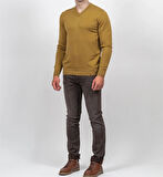 Erkek V Yaka Kazak Sık Örme Desenli Hardal Slim Fit Kazak NCS JEANS 3002