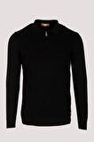 Erkek Polo Yaka Triko Siyah Slim Fit Yarım Fermuarlı Balık Sırt Desenli Pamuklu Kazak NCS JEANS 3006