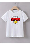 Kaliteli Penye Kız Çocuk Baskılı Beyaz Tshirt 5 6 7 8 9 10 11 12 13 14 yaş Brawl Stars
