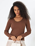 Kahverengi Derin Yuvarlak Yaka Uzun Kollu Fitilli Kadın Bluz- 2458