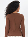 Kahverengi Derin Yuvarlak Yaka Uzun Kollu Fitilli Kadın Bluz- 2458