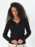 Siyah V Yaka Patlı Düğme Detaylı Uzun Kollu Fitilli Kaşkorse Kadın Bluz- 2459