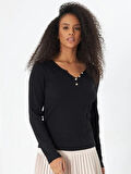 Siyah V Yaka Patlı Düğme Detaylı Uzun Kollu Fitilli Kaşkorse Kadın Bluz- 2459