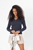 Füme V Yaka Patlı Düğme Detaylı Uzun Kollu Fitilli Kaşkorse Kadın Bluz- 2459