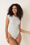Amida Gri Melanj Fitilli Görünümlü Bisiklet Yaka Kısa Kollu Çıtçıtlı Bodysuit- 2409