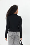 Siyah Yarım Balıkçı Yaka Baby Overlok Bitiş Detaylı Fitilli Uzun Kollu Kadın Bluz- 2461