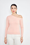  Pembe Asimetrik Yaka Tek Omuz Açık Uzun Kollu Kadın Fit Bluz - 2463