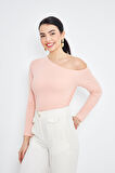  Pembe Asimetrik Yaka Tek Omuz Açık Uzun Kollu Kadın Fit Bluz - 2463
