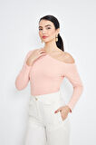  Pembe Asimetrik Yaka Tek Omuz Açık Uzun Kollu Kadın Fit Bluz - 2463