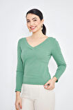 Yeşil Kadın Derin V Yaka Uzun Kollu Fit Kesim Bluz - 2465