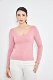 Pembe Kadın Derin V Yaka Uzun Kollu Fit Kesim Bluz - 2465