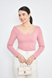 Pembe Kadın Derin V Yaka Uzun Kollu Fit Kesim Bluz - 2465