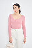 Pembe Kadın Derin V Yaka Uzun Kollu Fit Kesim Bluz - 2465