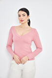 Pembe Kadın Derin V Yaka Uzun Kollu Fit Kesim Bluz - 2465