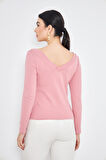 Pembe Kadın Derin V Yaka Uzun Kollu Fit Kesim Bluz - 2465