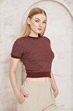Amida Bordo Jakar Örgü Kadın Crop T-shirt - 2402
