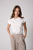 Kadın T-Shirt Beli Lastikli Duble Kol Bisiklet Yaka Beyaz Basic - 2501