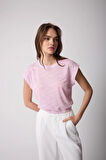 Kadın T-Shirt Beli Lastikli Duble Kol Bisiklet Yaka Desenli Pembe Basic - 2501