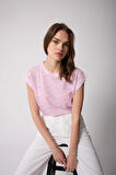 Kadın T-Shirt Beli Lastikli Duble Kol Bisiklet Yaka Desenli Pembe Basic - 2501