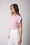 Kadın T-Shirt Beli Lastikli Duble Kol Bisiklet Yaka Desenli Pembe Basic - 2501