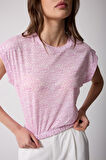 Kadın T-Shirt Beli Lastikli Duble Kol Bisiklet Yaka Desenli Pembe Basic - 2501