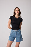 Kadın T-Shirt Likralı Slim Fit Kısa Kol Bisiklet Yaka Siyah Basic - 2503