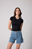 Kadın T-Shirt Likralı Slim Fit Kısa Kol Bisiklet Yaka Siyah Basic - 2503