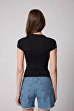 Kadın T-Shirt Likralı Slim Fit Kısa Kol Bisiklet Yaka Siyah Basic - 2503