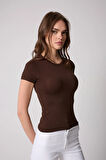 Kadın T-Shirt Likralı Slim Fit Kısa Kol Bisiklet Yaka Kahve Basic - 2503