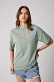 Kadın T-Shirt Yeşil Culture Nakışlı Oversize Basic - 2508