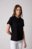 Kadın T-Shirt Siyah Parçalı Dikiş Detaylı Regular Fit Basic - 2509