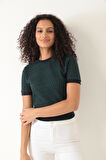 Amida Yeşil Jakar Örgü Kadın Crop T-shirt - 2402