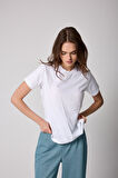 Kadın T-Shirt Beyaz Parçalı Dikiş Detaylı Regular Fit Basic - 2509