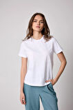 Kadın T-Shirt Beyaz Parçalı Dikiş Detaylı Regular Fit Basic - 2509