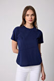 Kadın T-Shirt Lacivert Parçalı Dikiş Detaylı Regular Fit Basic - 2509