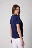 Kadın T-Shirt Lacivert Parçalı Dikiş Detaylı Regular Fit Basic - 2509