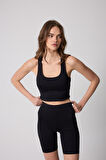 Kadın Crop Top Büstiyer Siyah Sırtı Çapraz Askılı Slim Fit Basic - 2510