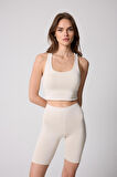 Kadın Crop Top Büstiyer Krem Rengi Sırtı Çapraz Askılı Slim Fit Basic - 2510