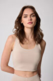 Kadın Crop Top Büstiyer Bej Sırtı Çapraz Askılı Slim Fit Basic - 2510