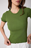 Kadın T-Shirt Yeşil Fitilli Slim Fit Kısa Kol Baby Overlok Detaylı Basic - 2511