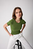 Kadın T-Shirt Yeşil Fitilli Slim Fit Kısa Kol Baby Overlok Detaylı Basic - 2511